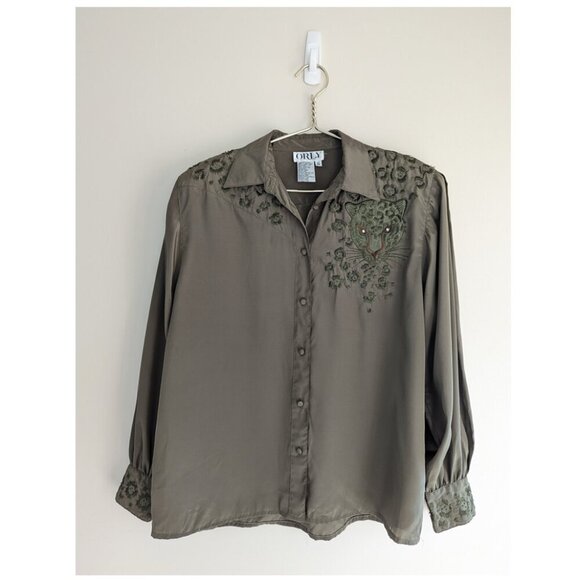 Vintage ORLY Embroidered Leopard with bejewelled eyes button down top - Picture 1 of 10